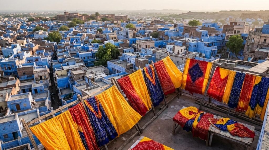 Bandhani tie-dye fabrics in vivid reds and yellows fanned open at a stall