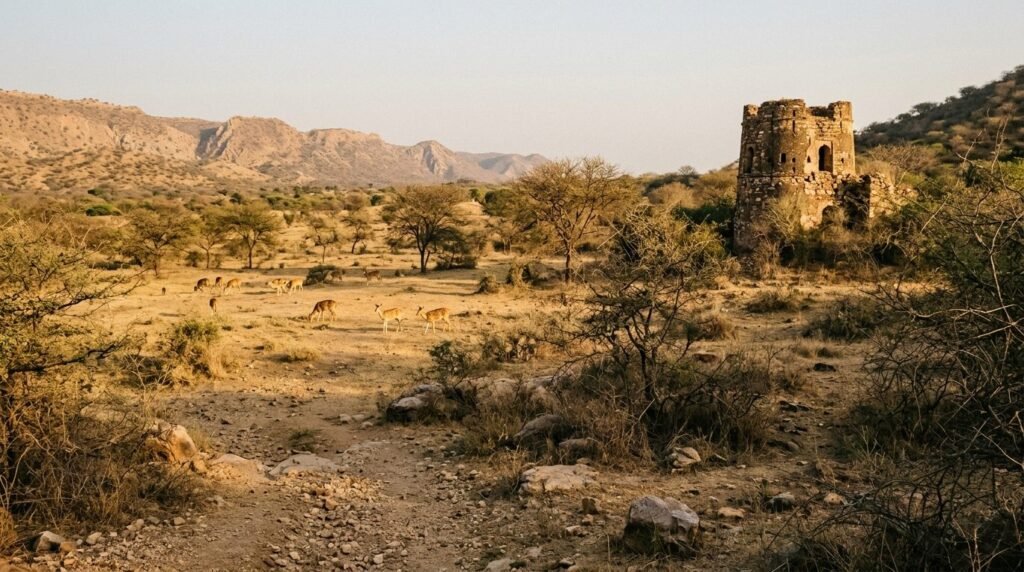 Dry scrubland habitat with a watchtower and animals visible at a distance
