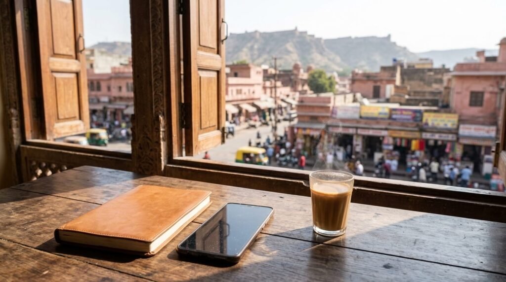 A practical travel scene: a notebook, phone and chai on a guesthouse desk with a