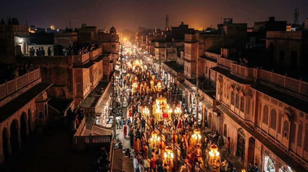 A wedding procession at night seen from a distance as warm blurred lights moving