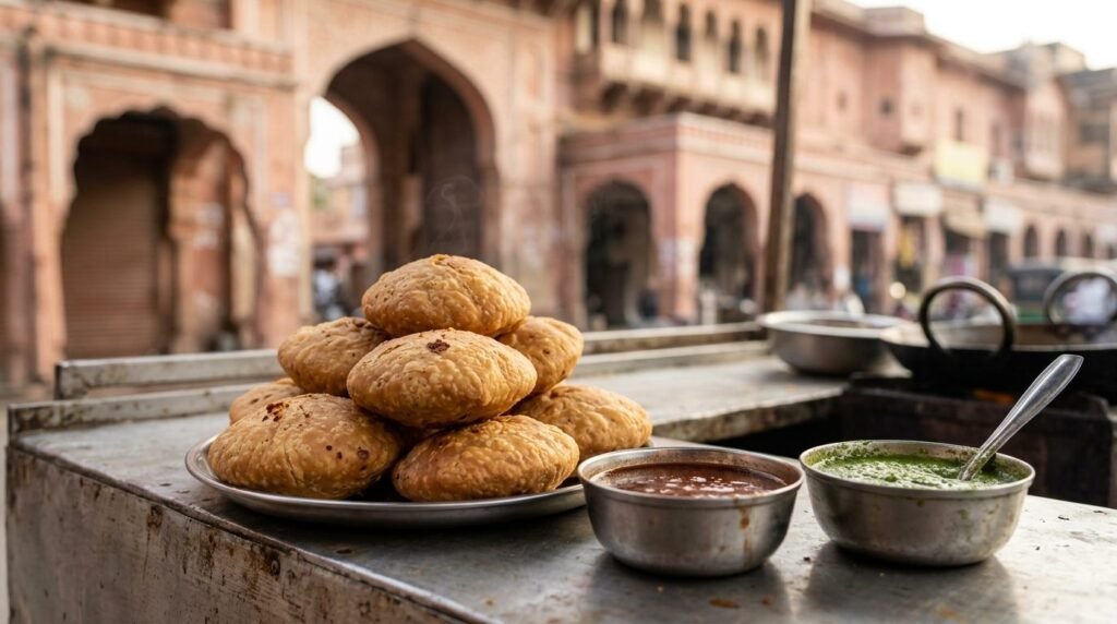 Golden fried kachoris stacked on a steel plate with red chutney and steam rising