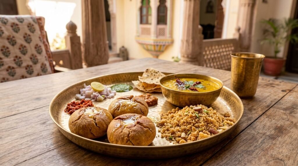 dal and churma on a brass thali
