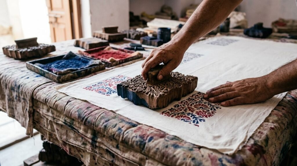 Hands pressing a carved wooden printing block onto spread cotton cloth