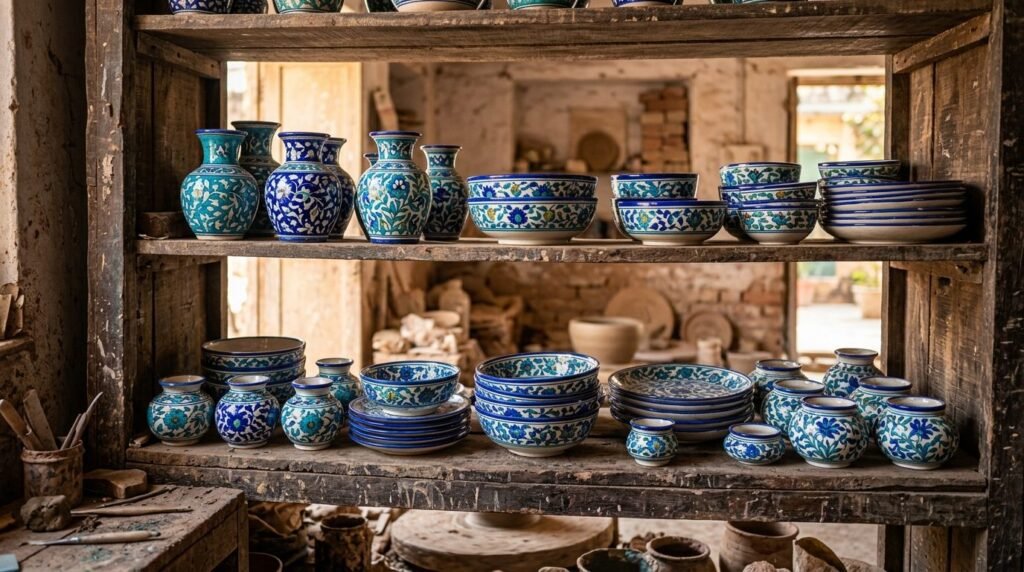 Blue-glazed pottery with fine floral patterns drying on workshop shelves