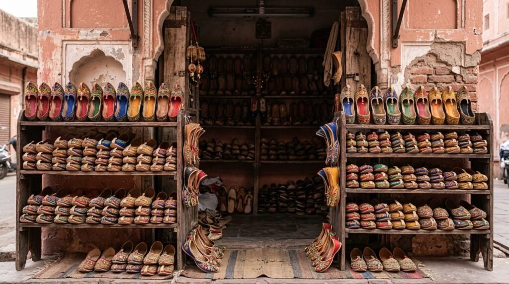 Rows of hand-embroidered leather slippers with curled toes arranged by size