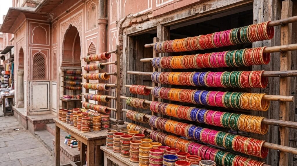 Glossy lac bangle stacks in rainbow colours at a market cart