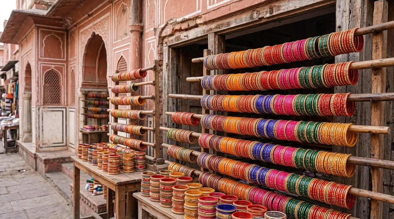 Glossy lac bangle stacks in rainbow colours at a market cart