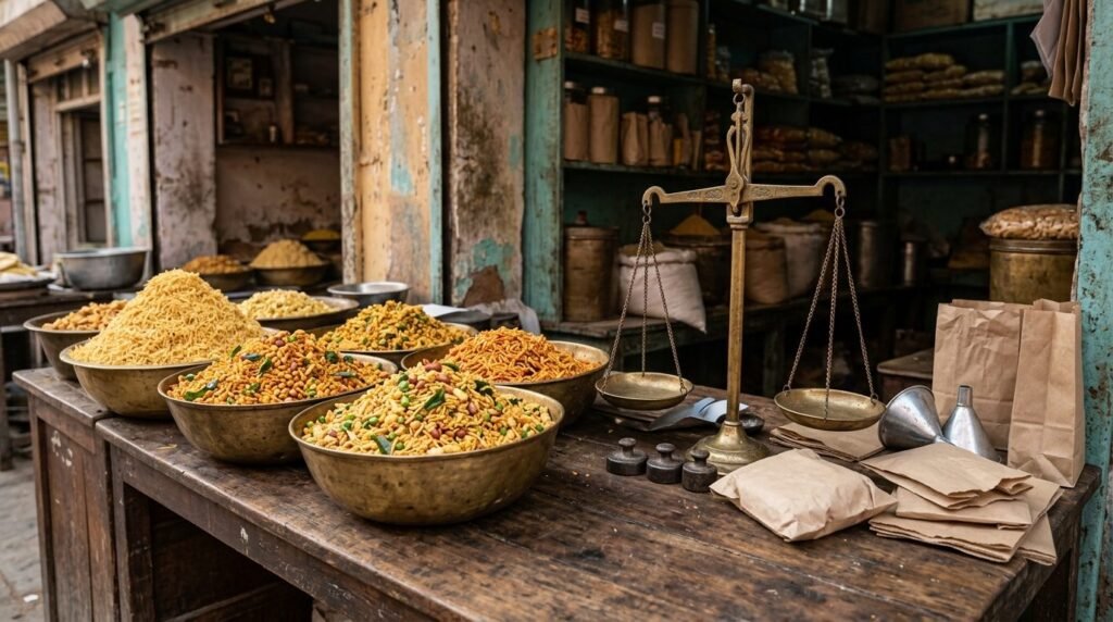 Piles of yellow bhujia and colourful spiced namkeen being weighed into paper pac