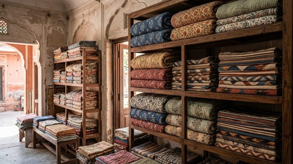Hand block-printed quilts and woven durries stacked in a textile shop