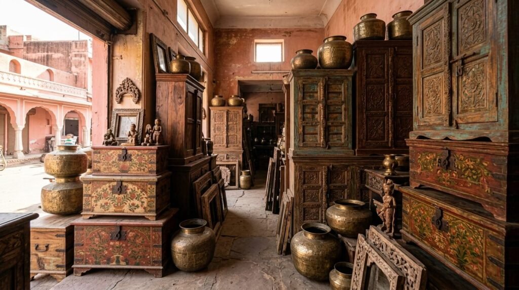 painted chests and brass pots in a dusty shop