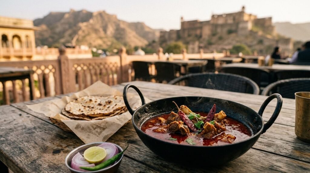 Fiery red mutton curry glistening with chilli oil in a black iron kadhai with ro