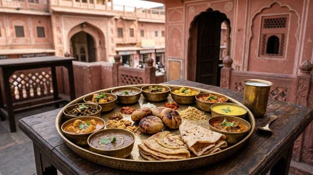 A full Rajasthani thali with many small bowls arranged on a round brass platter