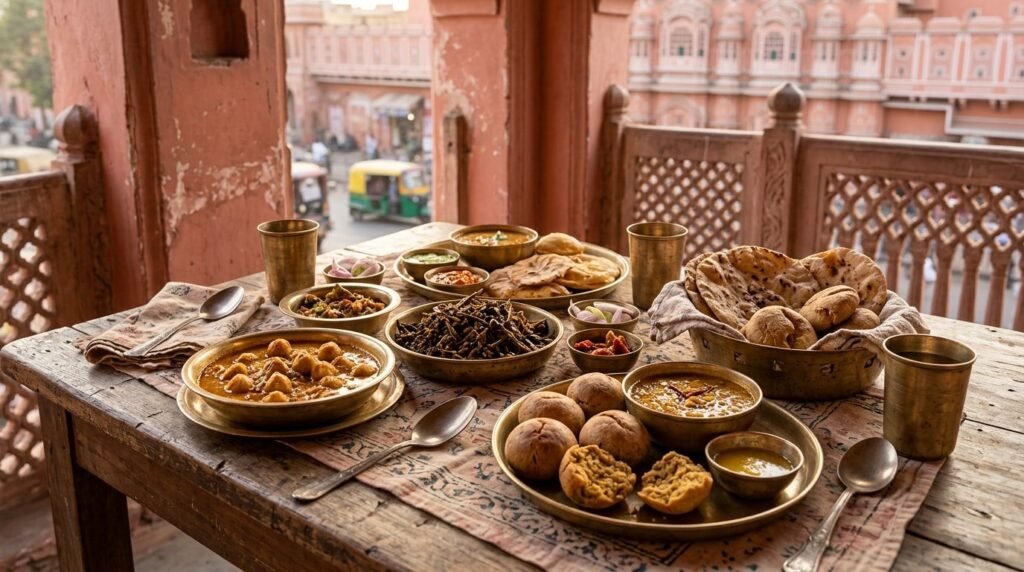 A food scene: local dishes on a table in a warm Jaipur eatery