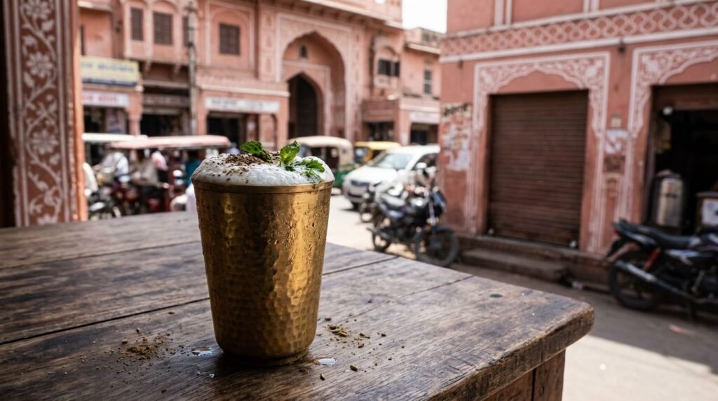 Frothy salted buttermilk in a brass glass dusted with roasted cumin