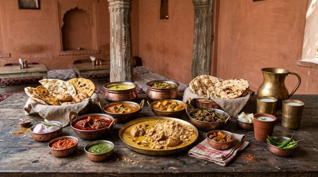 A food scene: local dishes on a table in a warm Jaipur eatery