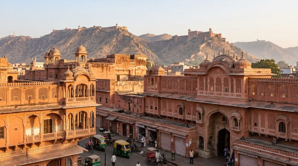 A striking heritage scene of pink-sandstone architecture in the pink-walled plan