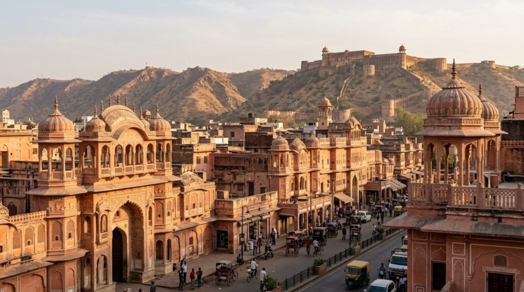 A striking heritage scene of pink-sandstone architecture in the pink-walled plan
