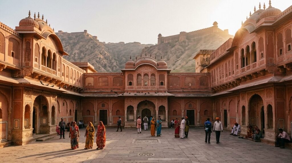 A striking heritage scene of pink-sandstone architecture in the pink-walled plan