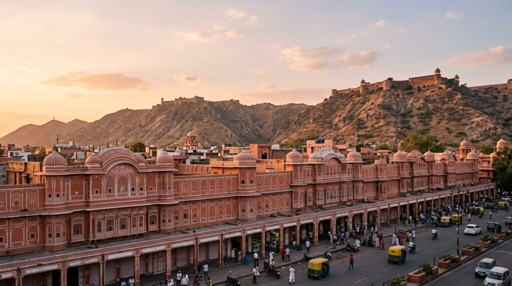 A striking heritage scene of pink-sandstone architecture in the pink-walled plan