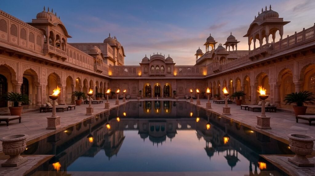 A palace-hotel courtyard pool at dusk with carved colonnades and flaming torches