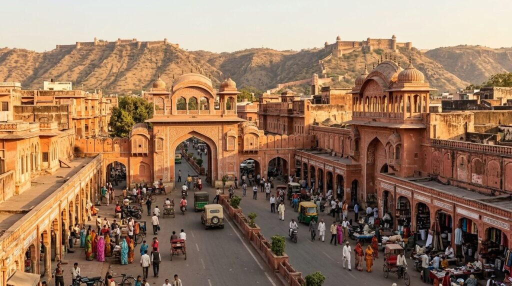 A striking heritage scene of pink-sandstone architecture in the pink-walled plan