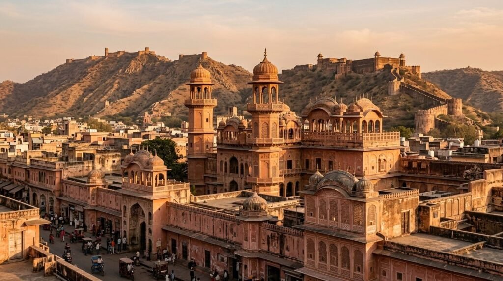 A striking heritage scene of pink-sandstone architecture in the pink-walled plan
