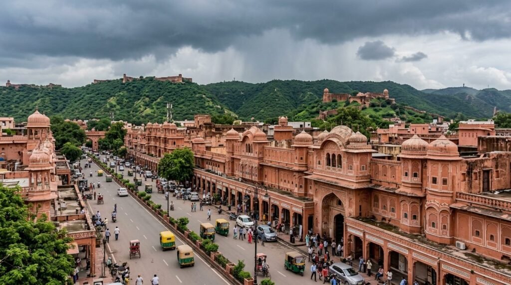 A striking heritage scene of pink-sandstone architecture in the pink-walled plan