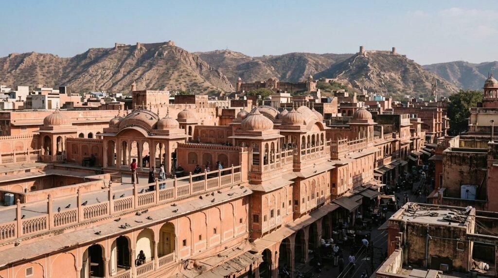 A striking heritage scene of pink-sandstone architecture in the pink-walled plan