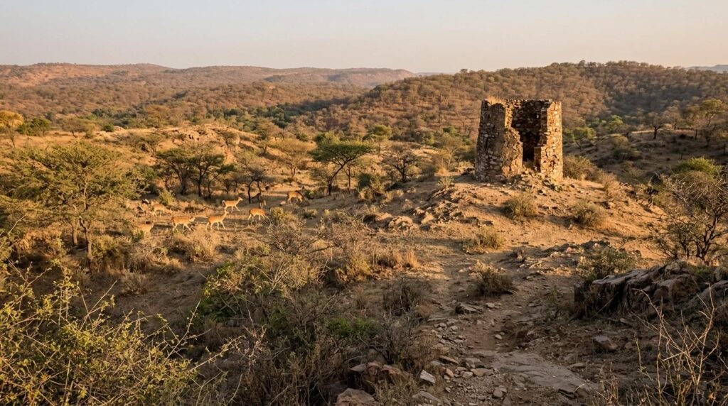 Dry scrubland habitat with a watchtower and animals visible at a distance