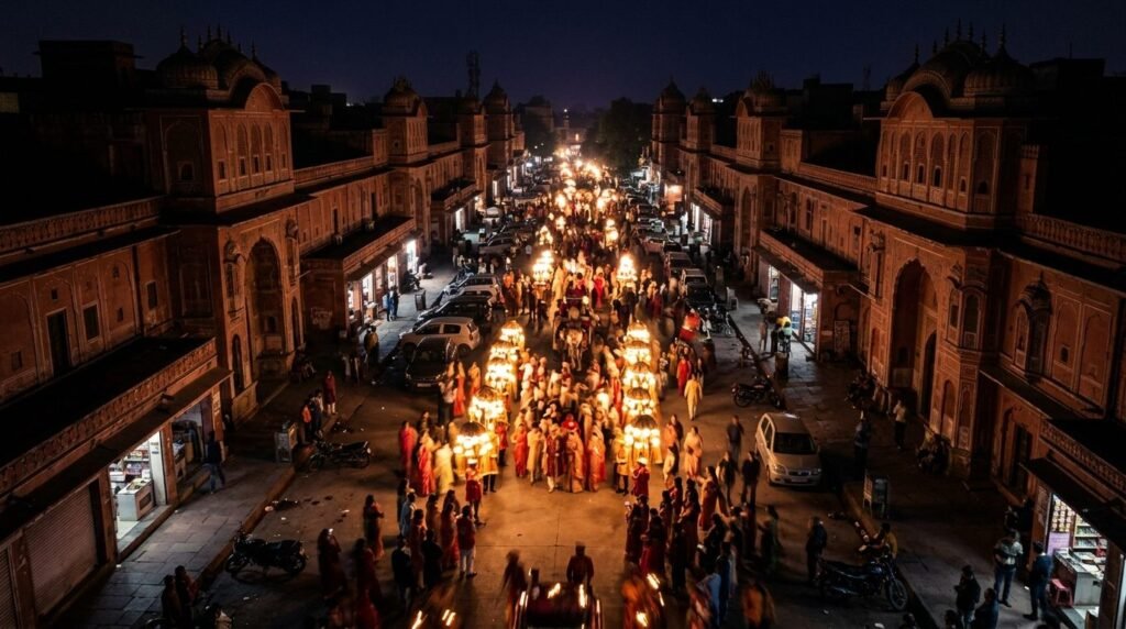 A wedding procession at night seen from a distance as warm blurred lights moving