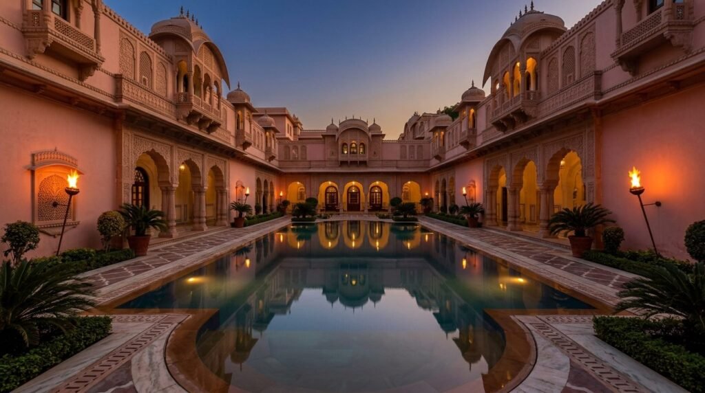 A palace-hotel courtyard pool at dusk with carved colonnades and flaming torches