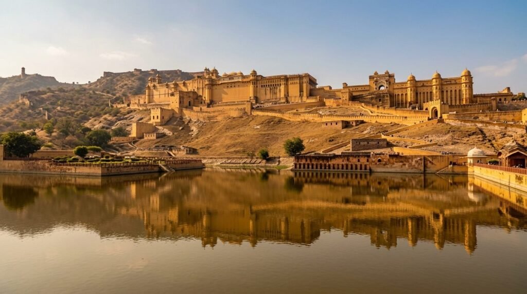 A yellow-sandstone hilltop fort with grand gateways reflected in a maota lake