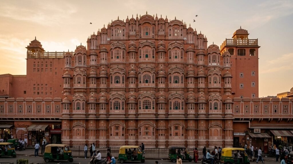 An elaborate five-storey pink-sandstone facade crowned with tiers of latticed wi