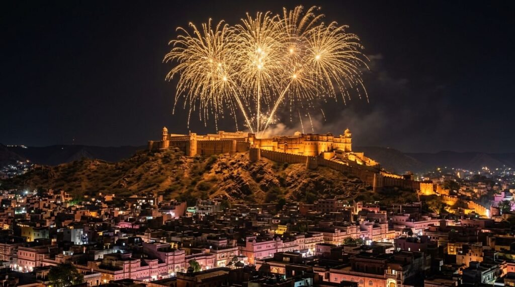 Fireworks bursting above a floodlit fort at midnight