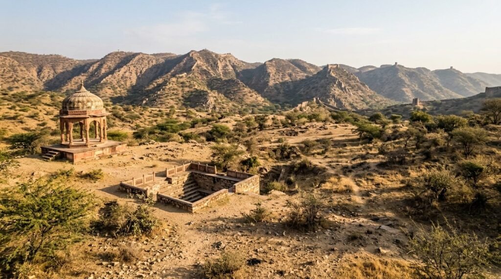 A day-trip landscape across {land} with a small landmark in view
