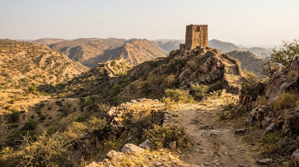 A day-trip landscape across {land} with a small landmark in view