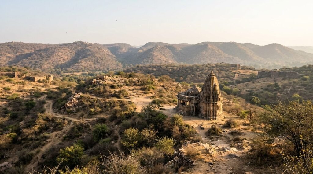 A day-trip landscape across {land} with a small landmark in view