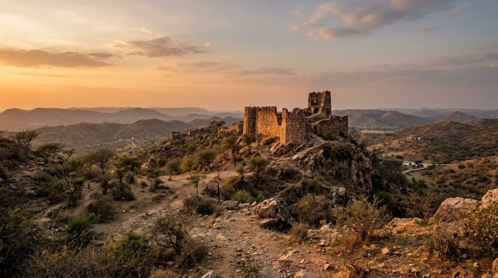 A day-trip landscape across {land} with a small landmark in view