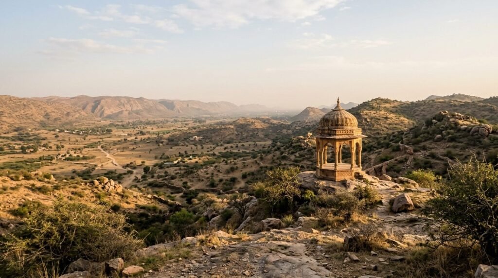 A day-trip landscape across {land} with a small landmark in view