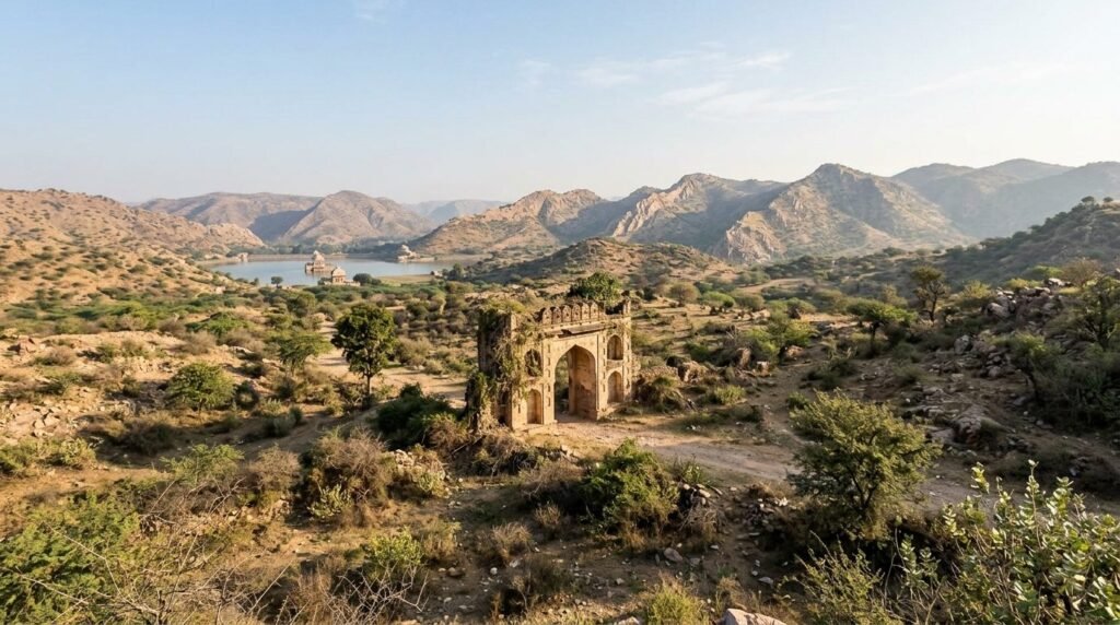 A day-trip landscape across {land} with a small landmark in view