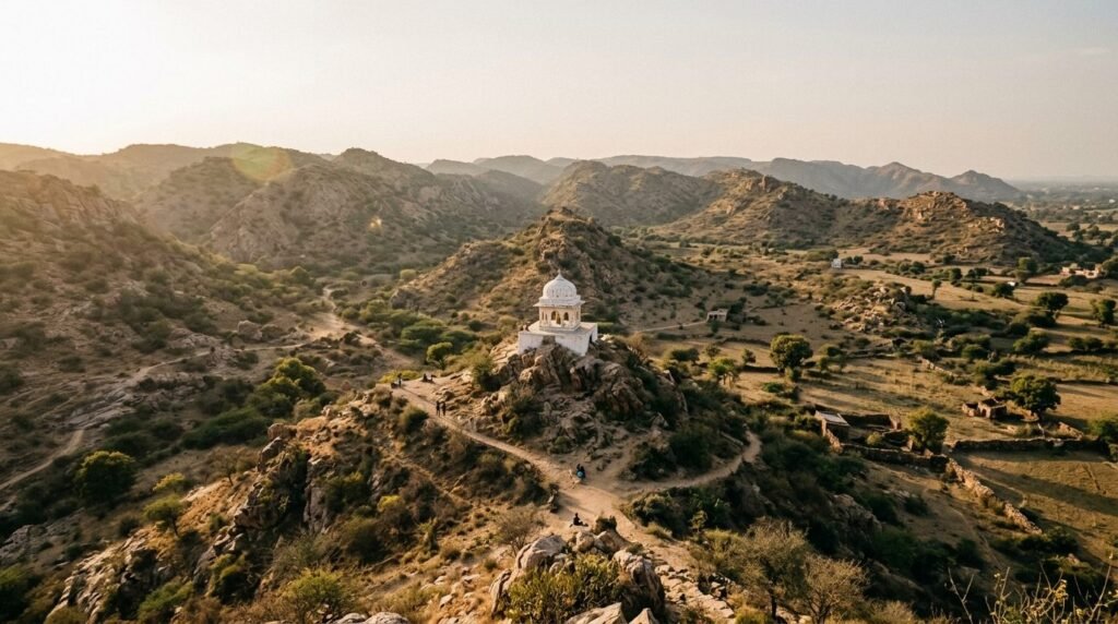 A day-trip landscape across {land} with a small landmark in view