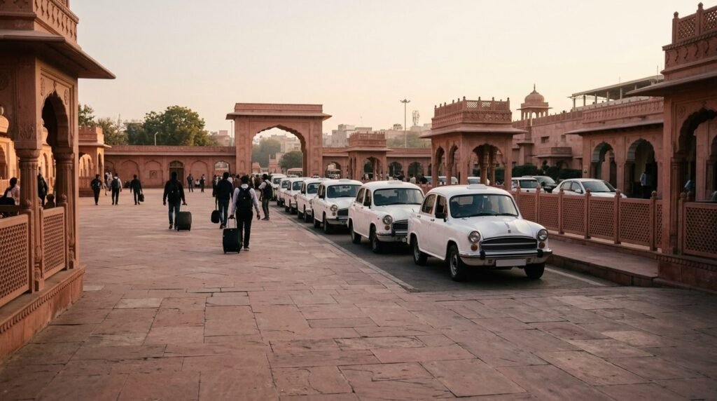 An arrival forecourt with taxis waiting and travellers with luggage at a distanc