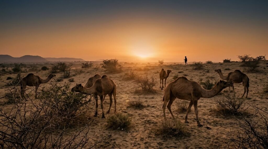 Camels grazing among thorny scrub at sunset with a herder silhouetted