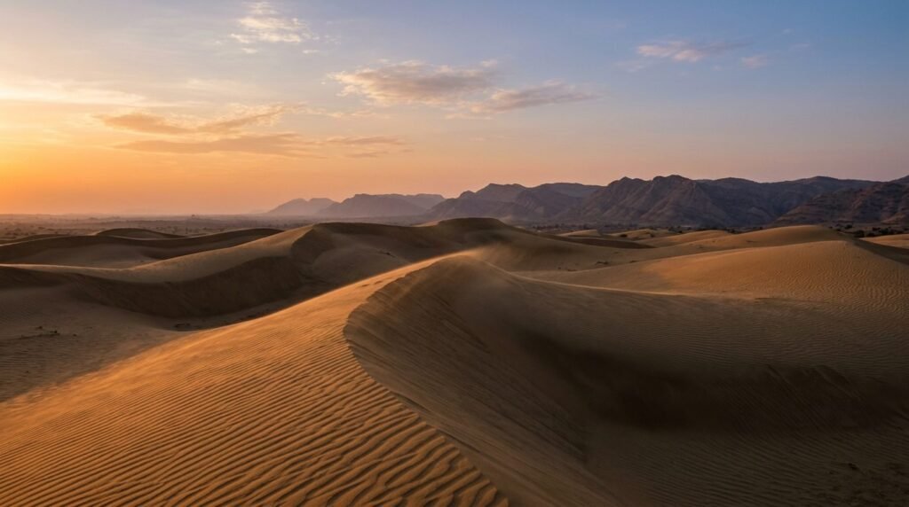 Great rippled sand dunes at sunset with wind-blown crests