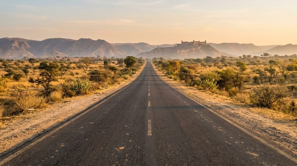 A straight highway crossing open landscape with a distant landmark on the horizo