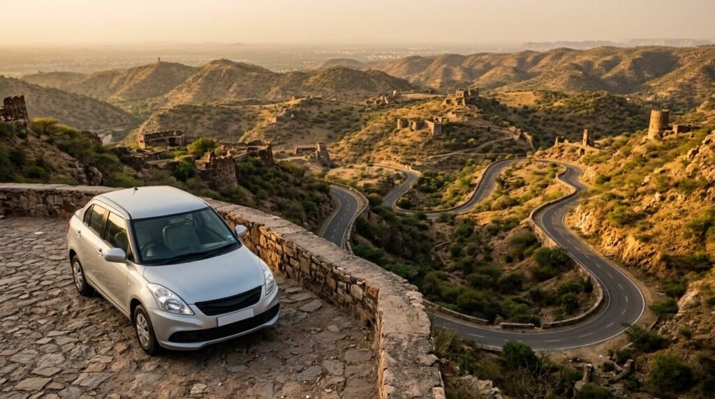 A hired car parked at a viewpoint with the road unspooling into the distance