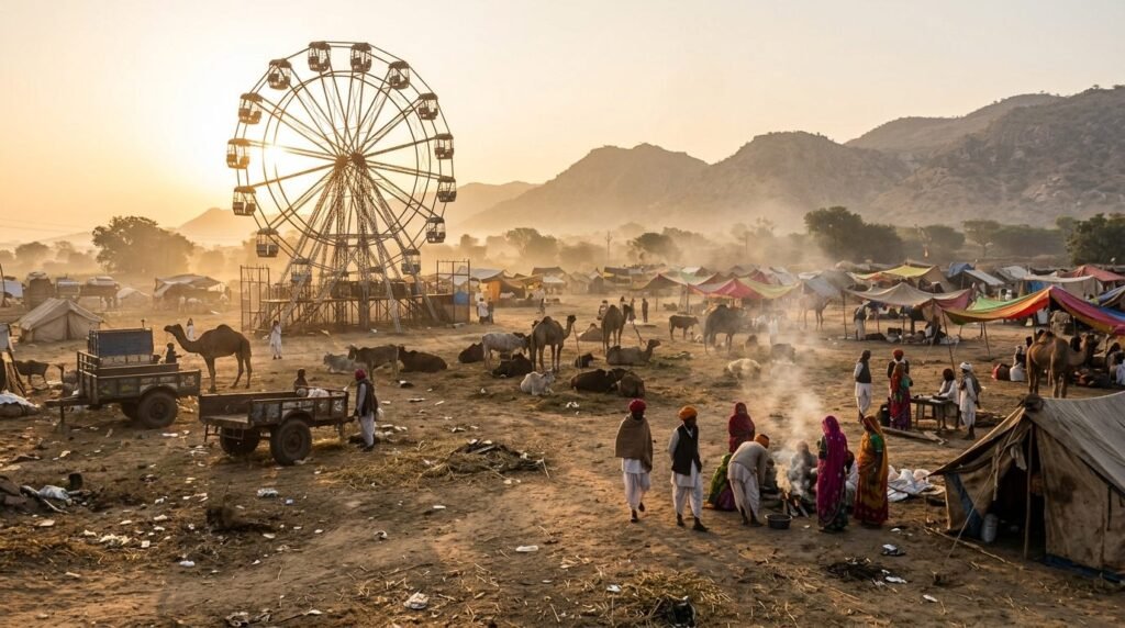 tethered livestock and wood smoke