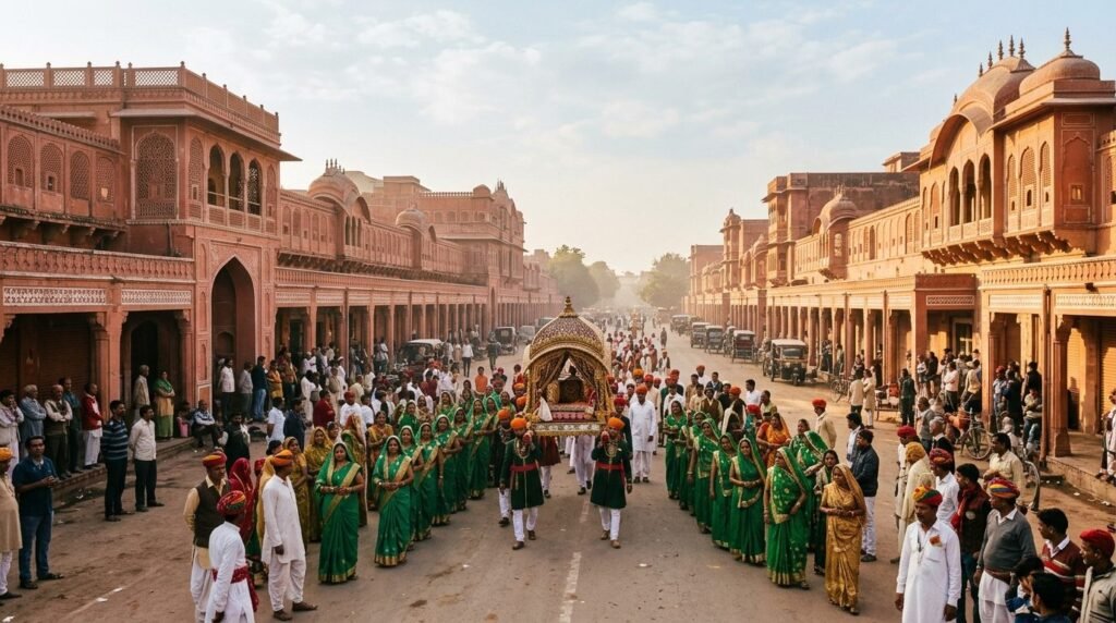 A palanquin procession with women in bright green and gold at a distance