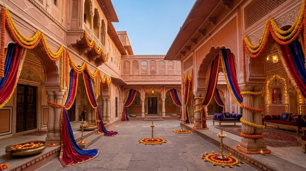 brass lamps and draped fabrics, no people