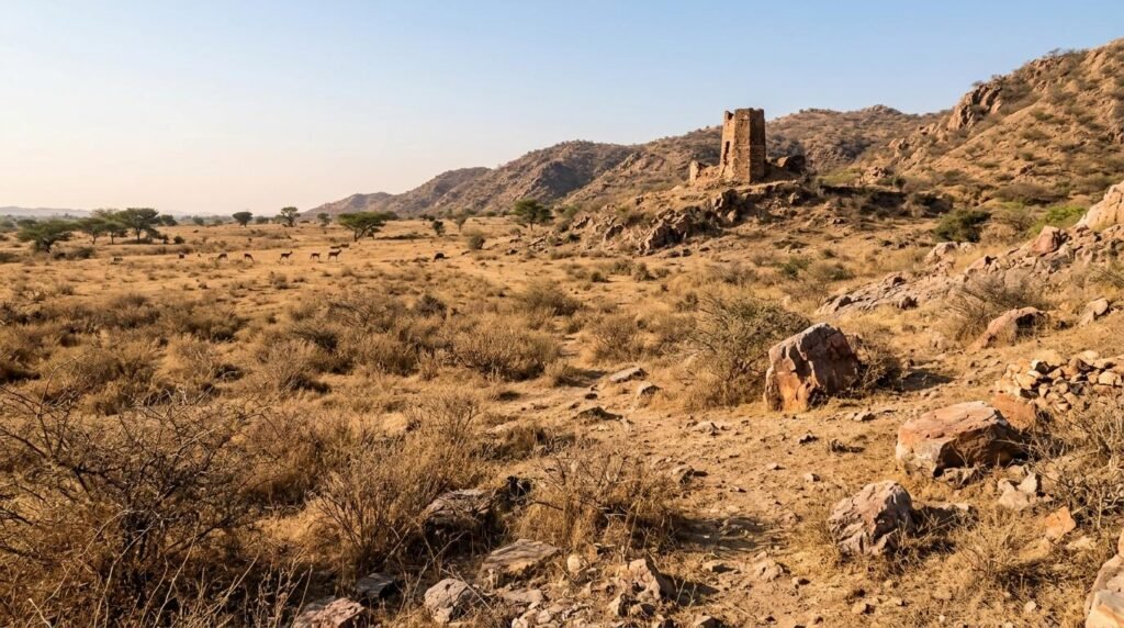 Dry scrubland habitat with a watchtower and animals visible at a distance